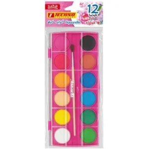 AQUARELLE ECOLIER 12 PASTILLES 23MM AVEC PINCEAU ROSE "TECHNO" REF: 4406