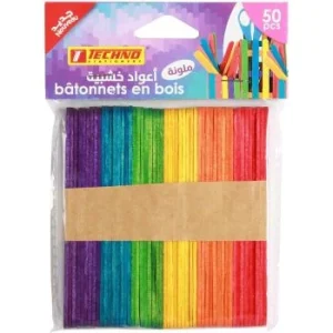 BATONNETS EN BOIS 10x140x1.7mm COULEURS PAQUET DE 50 PIECES "TECHNO" REF: 5017