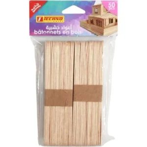 BATONNETS EN BOIS 18x150x1.7mm COULEURS NATURELLE PAQUET DE 50 PIECES "TECHNO" REF: 5014