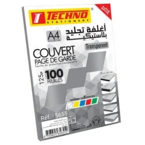 COUVERT PAGE DE GARDE 125µ A4 TRANSPARENT 100F "TECHNO" REF: 5655