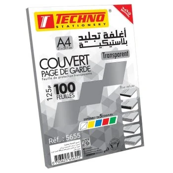 COUVERT PAGE DE GARDE 125µ A4 TRANSPARENT 100F "TECHNO" REF: 5655