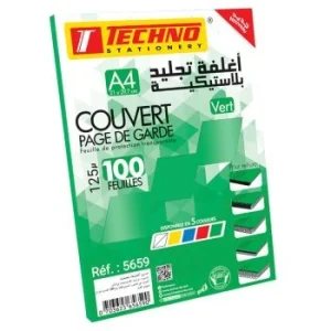 COUVERT PAGE DE GARDE 125µ A4 VERT TRANSPARENT 100F "TECHNO" REF: 5659