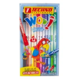CRAYONS DE COULEUR WOW CREA EFFAÇABLE BOITE EN PET 12 COULEURS "TECHNO" REF: 6929