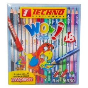 CRAYONS DE COULEUR WOW CREA EFFAÇABLE BOITE EN PET 18 COULEURS "TECHNO" REF: 6930