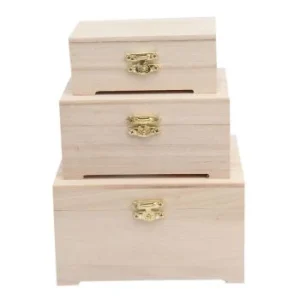 JEU DE 3 BOITES RECTANGULAIRES EN BOIS SIMPLE A DECORER "TECHNO" REF: 6314