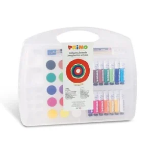 MALLETTE CREATIVE 14 COULEURS x 12ml + 15 PASTILLES 30mm+GOMME+CRAYON "PRIMO" REF: 272CS2P