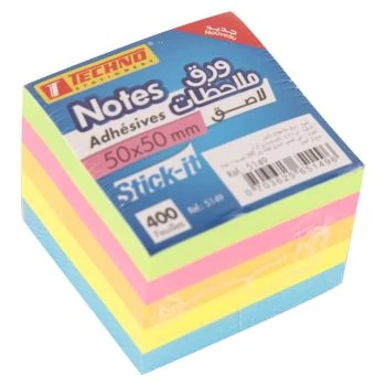 NOTES ADHESIVES 400F 50 x 50 mm 5 COULEURS FLUORESCENTES STICK-IT "TECHNO" REF: 5149