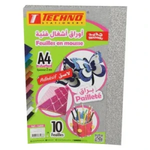 PAPIER MOUSSE ADHESIF PAILLETE A4 2MM PAQUET 10 FEUILLES ARGENT "TECHNO" REF: 5488
