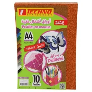 PAPIER MOUSSE ADHESIF PAILLETE A4 2MM PAQUET 10 FEUILLES ORANGE "TECHNO" REF: 5494