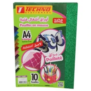 PAPIER MOUSSE ADHESIF PAILLETE A4 2MM PAQUET 10 FEUILLES VERT "TECHNO" REF: 5489