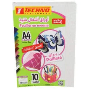 PAPIER MOUSSE ADHESIF PAILLETE A4 2MM PAQUET 10FEUILLES BLANC "TECHNO" REF: 5484