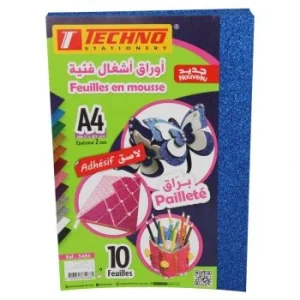 PAPIER MOUSSE ADHESIF PAILLETE A4 2MM PAQUET10 FEUILLES BLEU FONCE "TECHNO" REF: 5486