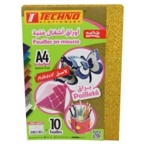 PAPIER MOUSSE ADHESIF PAILLETE A4 2MM PAQUET10 FEUILLES DOREE "TECHNO" REF: 5492