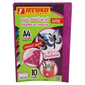 PAPIER MOUSSE ADHESIF PAILLETE A4 2MM PAQUET10 FEUILLES POURPRE "TECHNO" REF: 5490