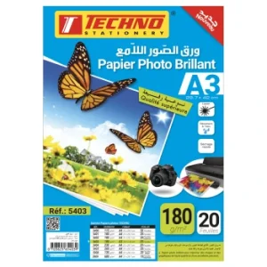 PAPIER PHOTO BRILLANT A3 180g PQT DE 20F "TECHNO" REF: 5403