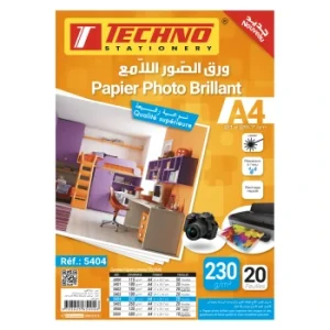 PAPIER PHOTO BRILLANT A4 230g PQT DE 20F "TECHNO" REF: 5404