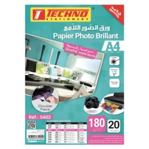 PAPIER PHOTO BRILLANT D/FACES A4 180g PQT DE 20F "TECHNO" REF: 5402