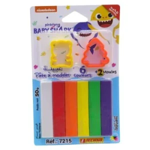PATE A MODELER 06 COULEURS AVEC 2 MOULES SOUS BLISTER LICENCE BABY SHARK "TECHNO" REF: 7215