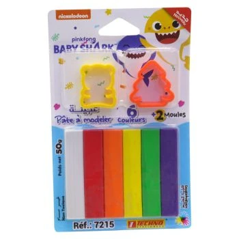 PATE A MODELER 06 COULEURS AVEC 2 MOULES SOUS BLISTER LICENCE BABY SHARK "TECHNO" REF: 7215