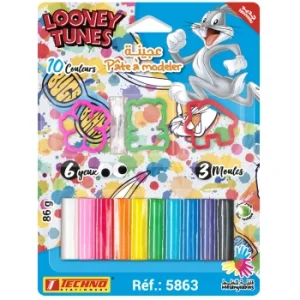 PATE A MODELER DE 10 COULEURS AVEC 3 MOULES ET 6 YEUX LICENCE LOONEY TUNES "TECHNO" REF: 5863