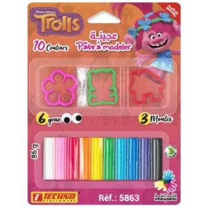 PATE A MODELER DE 10 COULEURS AVEC 3 MOULES ET 6 YEUX LICENCE TROLLS "TECHNO" REF: 5863