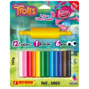 PATE A MODELER DE 12 COULEURS AVEC 1 ROULEAU ET 6 YEUX LICENCE TROLLS "TECHNO" REF: 5865