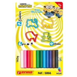 PATE A MODELER DE 12 COULEURS AVEC 4 MOULES ET 6 YEUX LICENCE MINIONS "TECHNO" REF: 5866
