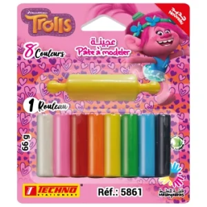 PATE A MODELER DE 8 COULEURS AVEC 1 ROULEAU LICENCE TROLLS "TECHNO" REF: 5861
