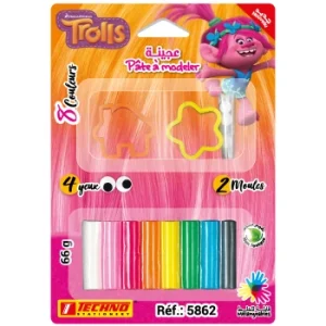PATE A MODELER DE 8 COULEURS AVEC 2 MOULES LICENCE TROLLS "TECHNO" REF: 5862