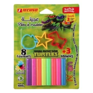 PATE A MODELER S.CARTE 8 COULEURS NEON AVEC 3 MOULES TURTLES "TECHNO" REF: 4694