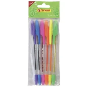 STYLO A BILLE FLUORESCENT EN POCHETTE DE 06 PIECES "TECHNO" REF: 1605